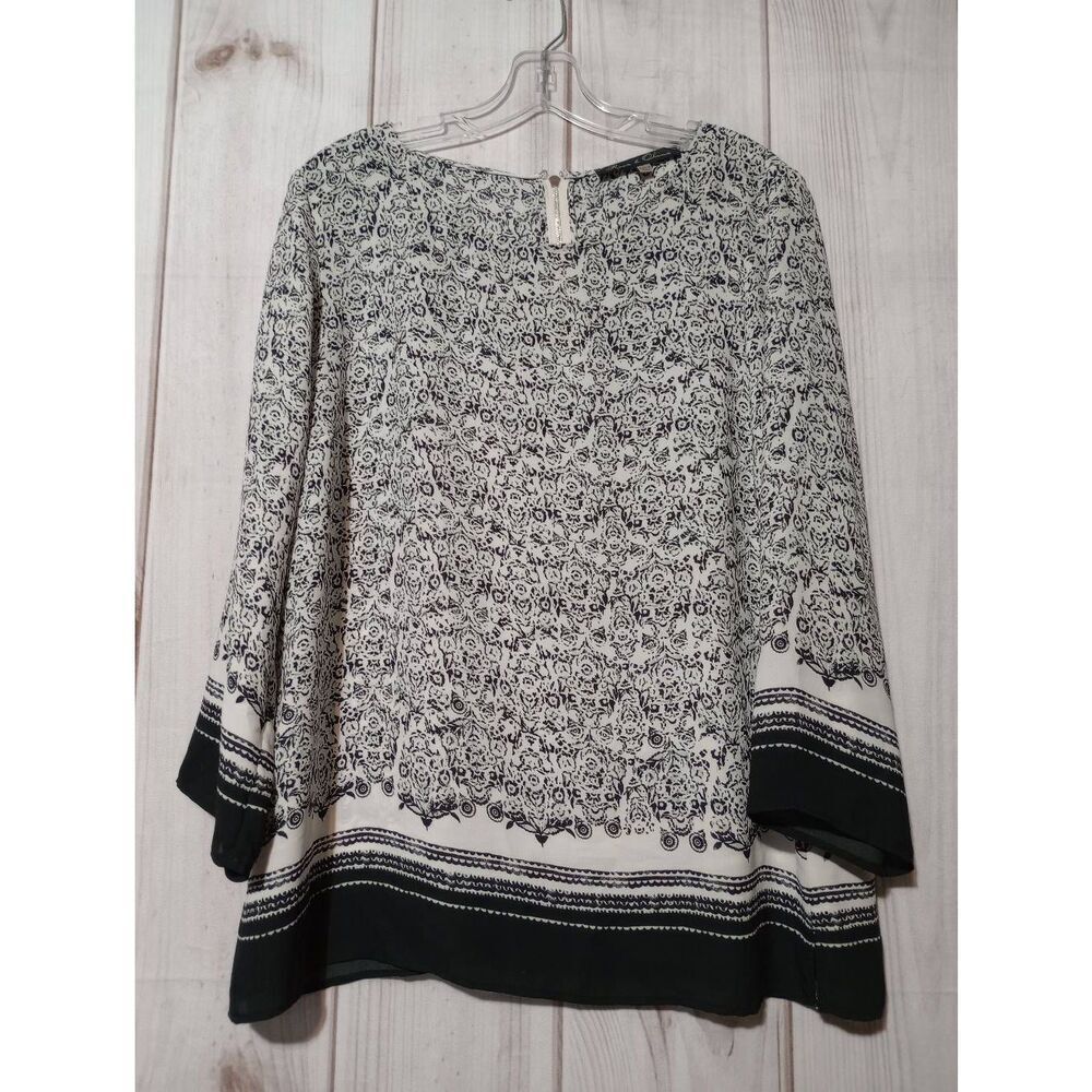 Rose & Olive Womens Large Black White Medallion Print Zip Back Blouse Top